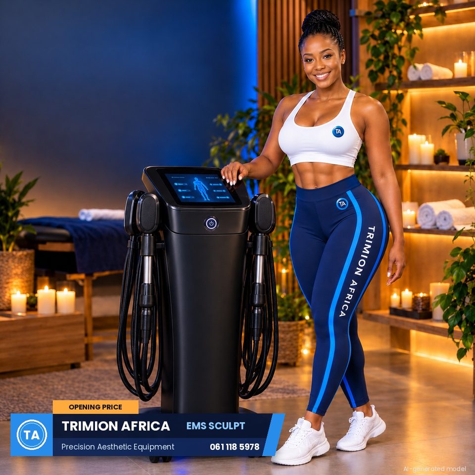 Brand model beside the EMS body sculpting machine
